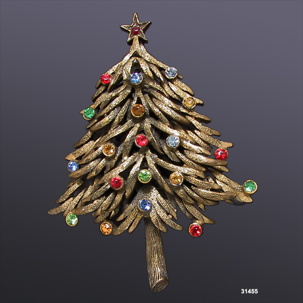 Vintage Antiqued Gold Tone Christmas Tree Brooch Pin 1950s