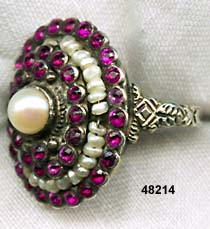 Victorian Silver Ring with Garnets and Pearls